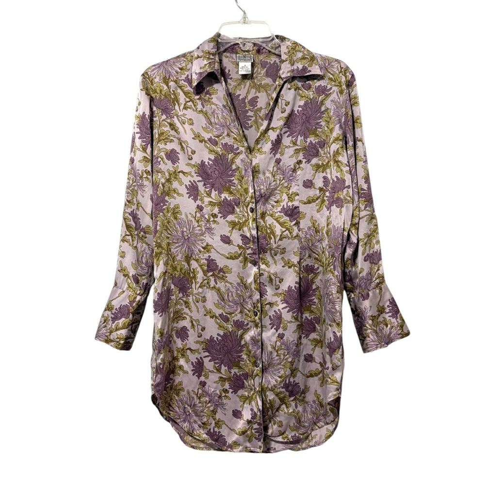 Vintage I.N.C Intimates Small Silk Purple Floral Long Sleeve Button‎ Up Tunic
